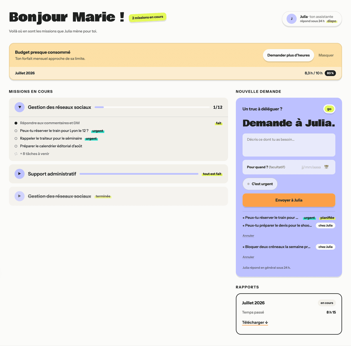 Le portail d'une cliente dans Gommett : elle y retrouve ses missions, ses procédures et ses documents sans avoir à écrire